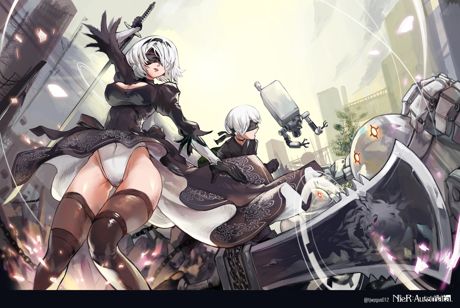 cameltoe cleavage dress leotard mecha nier_automata sjh sword thighhighs yorha_no.2_type_b yorha_no._9_type_s