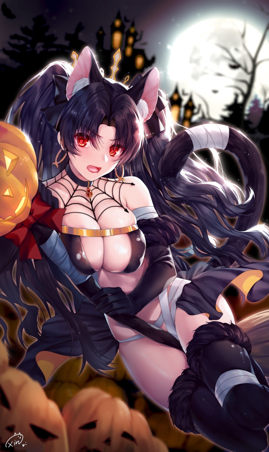 animal_ears bandages breast_hold cleavage fate/grand_order halloween ishtar_(fate/grand_order) nekomimi no_bra nopan tail thighhighs xin