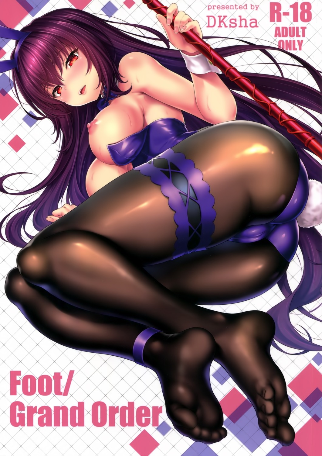 animal_ears ass breasts bunny_ears bunny_girl dksha fate/grand_order feet garter kase_daiki nipples no_bra pantyhose scathach_(fate/grand_order) weapon