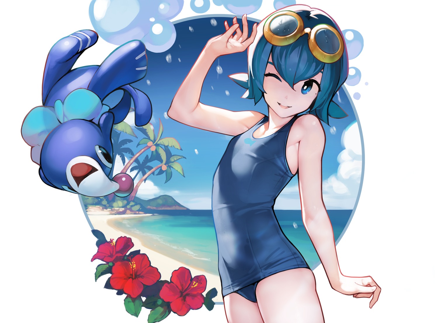 ataruman loli megane pokemon pokemon_sm pokemon_usum popplio school_swimsuit suiren_(pokemon) swimsuits wet_clothes