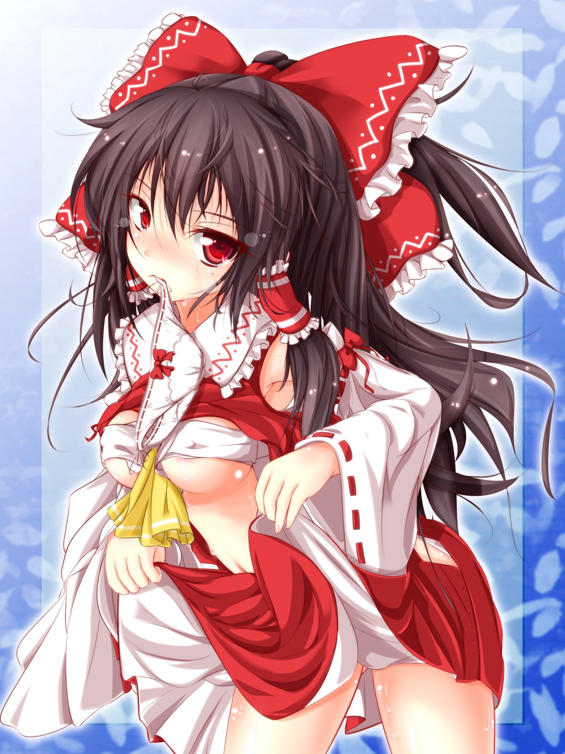 erect_nipples furaido hakurei_reimu miko pantsu sarashi shirt_lift skirt_lift touhou undressing wet