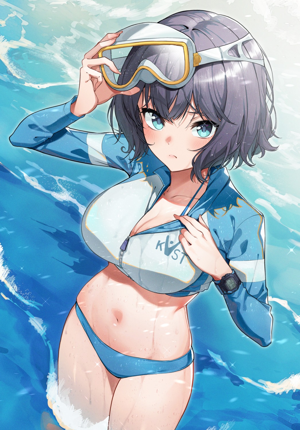 bikini blue_archive cleavage gym_uniform kabu_(niniko2ko) open_shirt sorai_saki swimsuits undressing wet