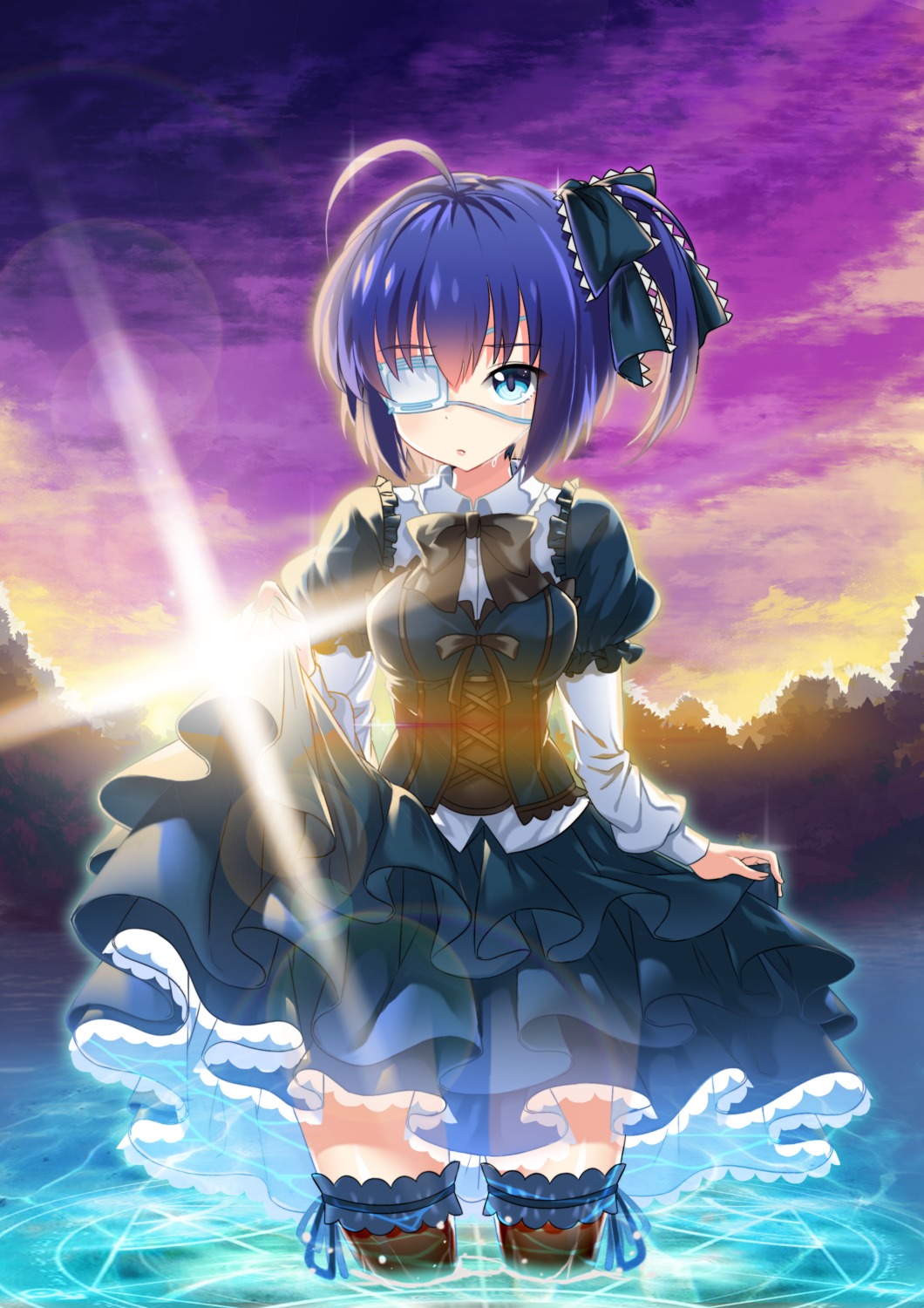 chuunibyou_demo_koi_ga_shitai! eyepatch gothic_lolita kikimi lolita_fashion see_through skirt_lift takanashi_rikka thighhighs wet