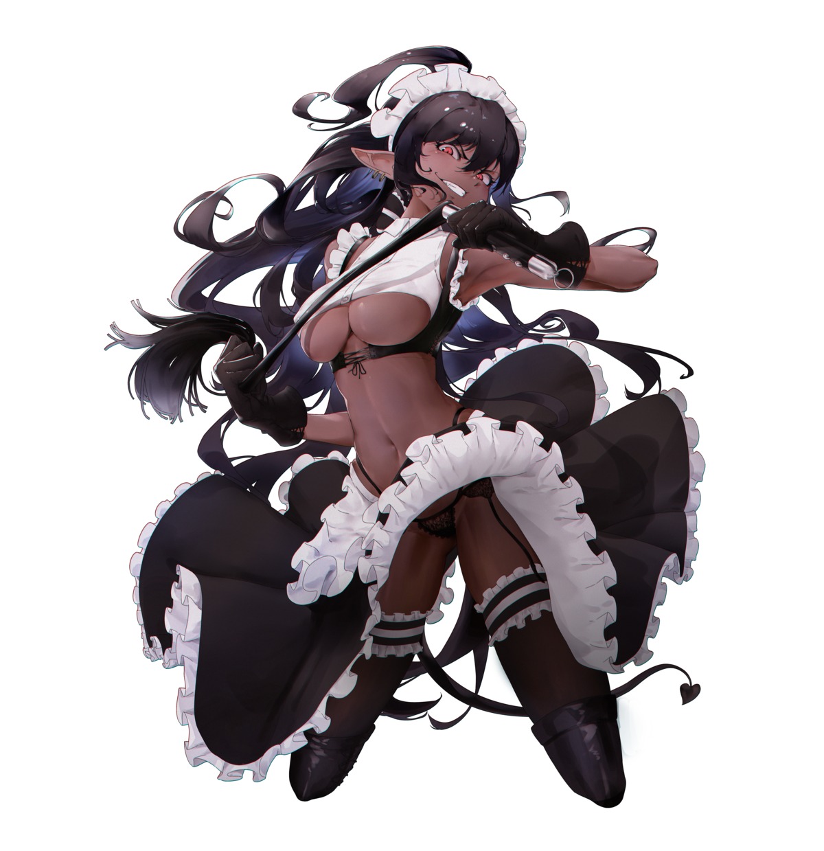 l_ract maid no_bra pantsu pointy_ears skirt_lift stockings tail thighhighs