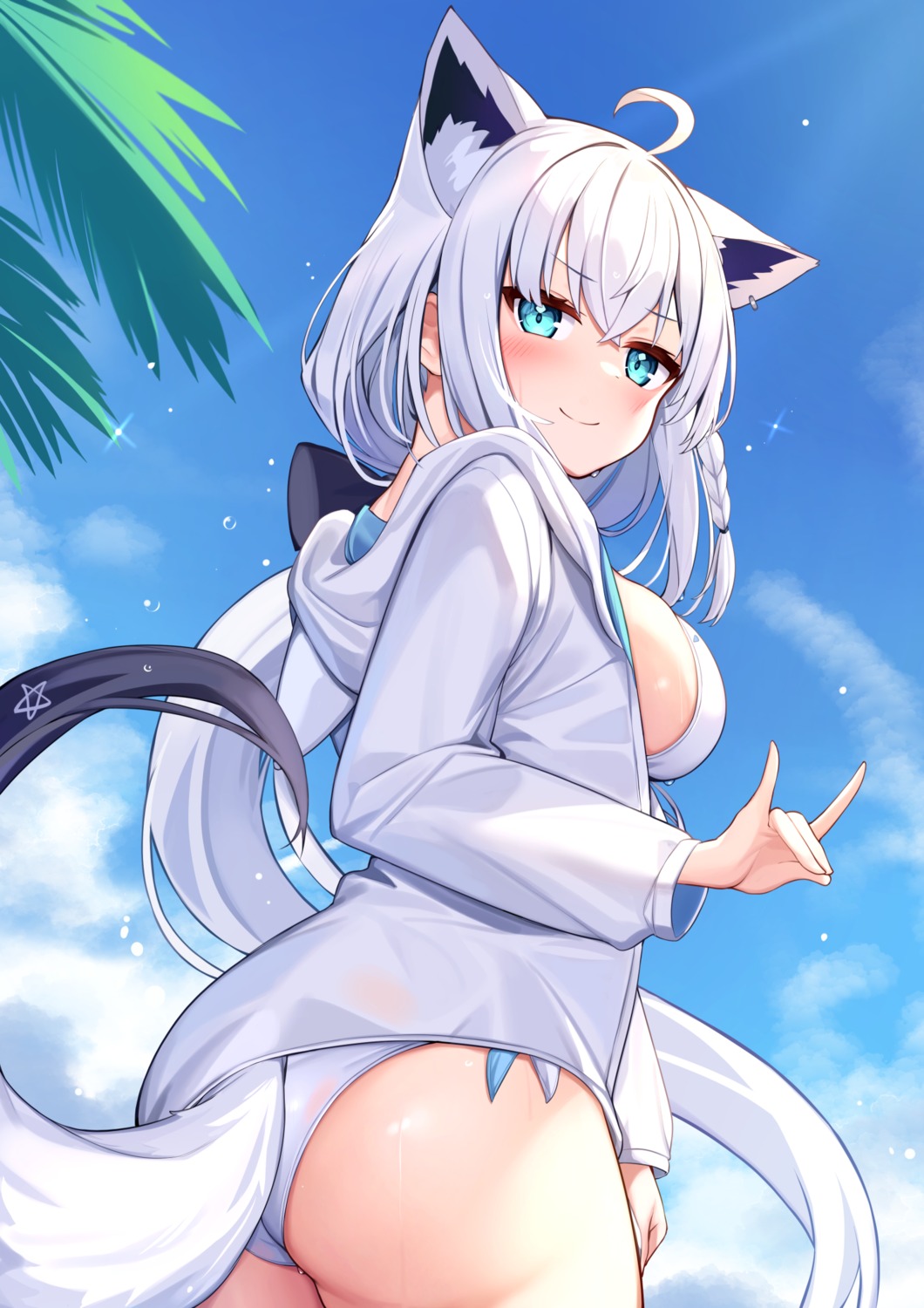 animal_ears ass bikini deaver hololive hololive_gamers kitsune open_shirt shirakami_fubuki swimsuits tail