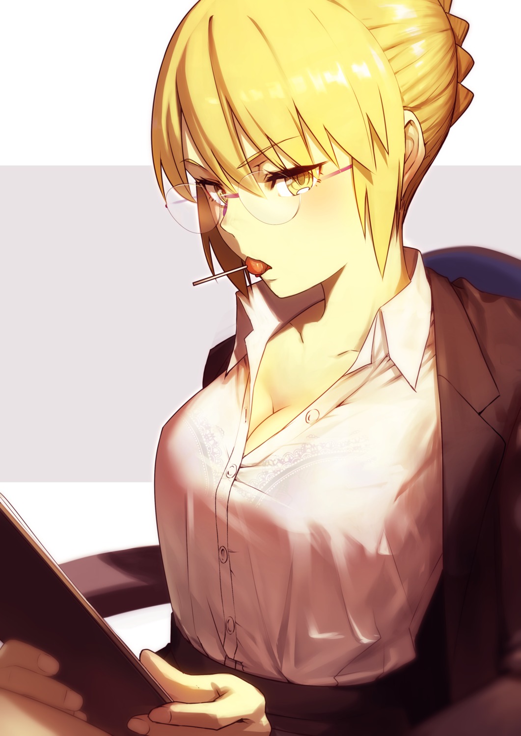 bra business_suit cleavage fate/grand_order megane nakanishi_tatsuya saber saber_alter see_through