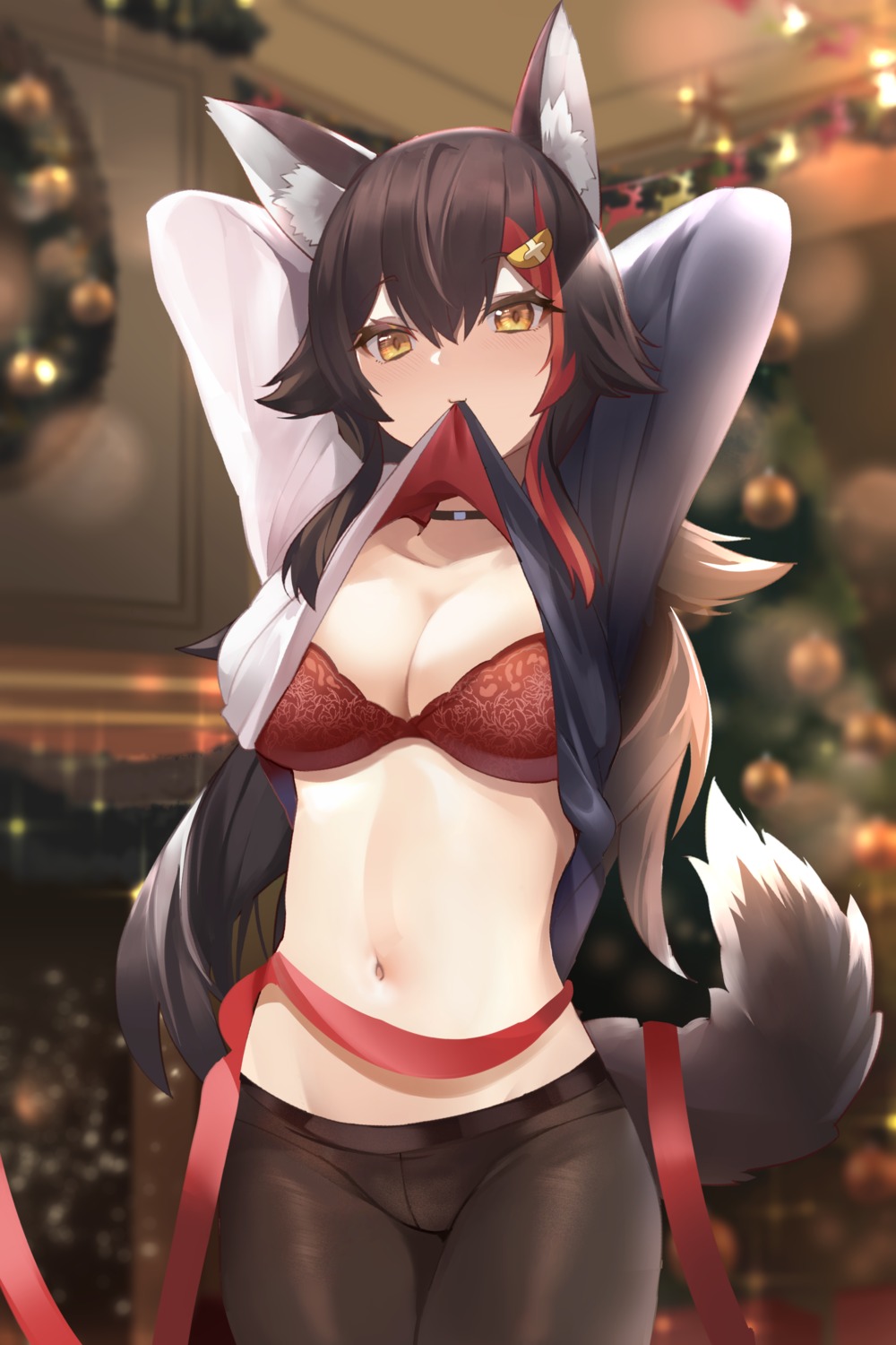 animal_ears bra christmas cleavage hololive hololive_gamers kananote ookami_mio pantsu pantyhose shirt_lift tail