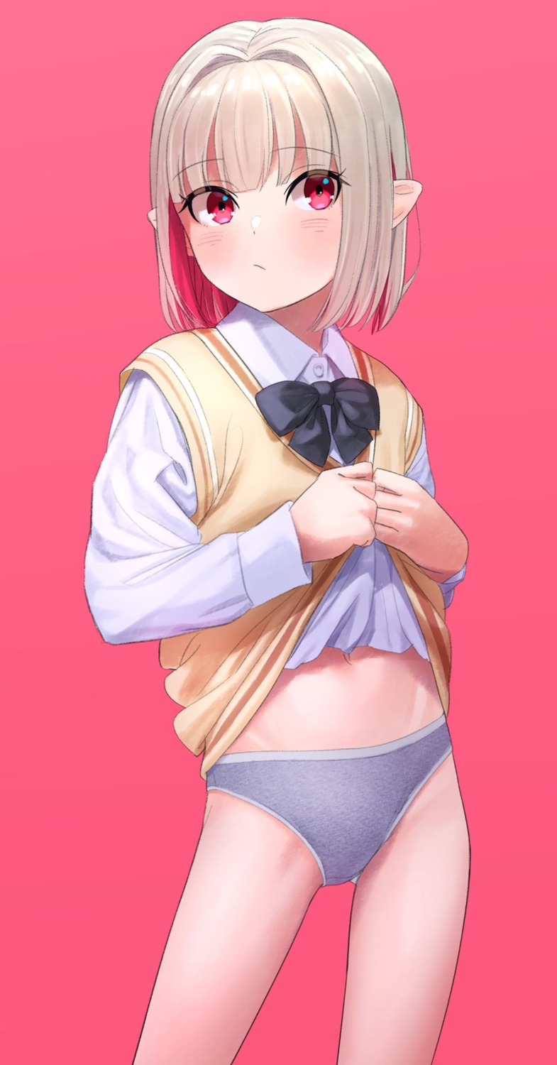 loli makaino_ririmu nijisanji nijisanji_gamers pantsu pointy_ears sabamen seifuku shirt_lift sweater