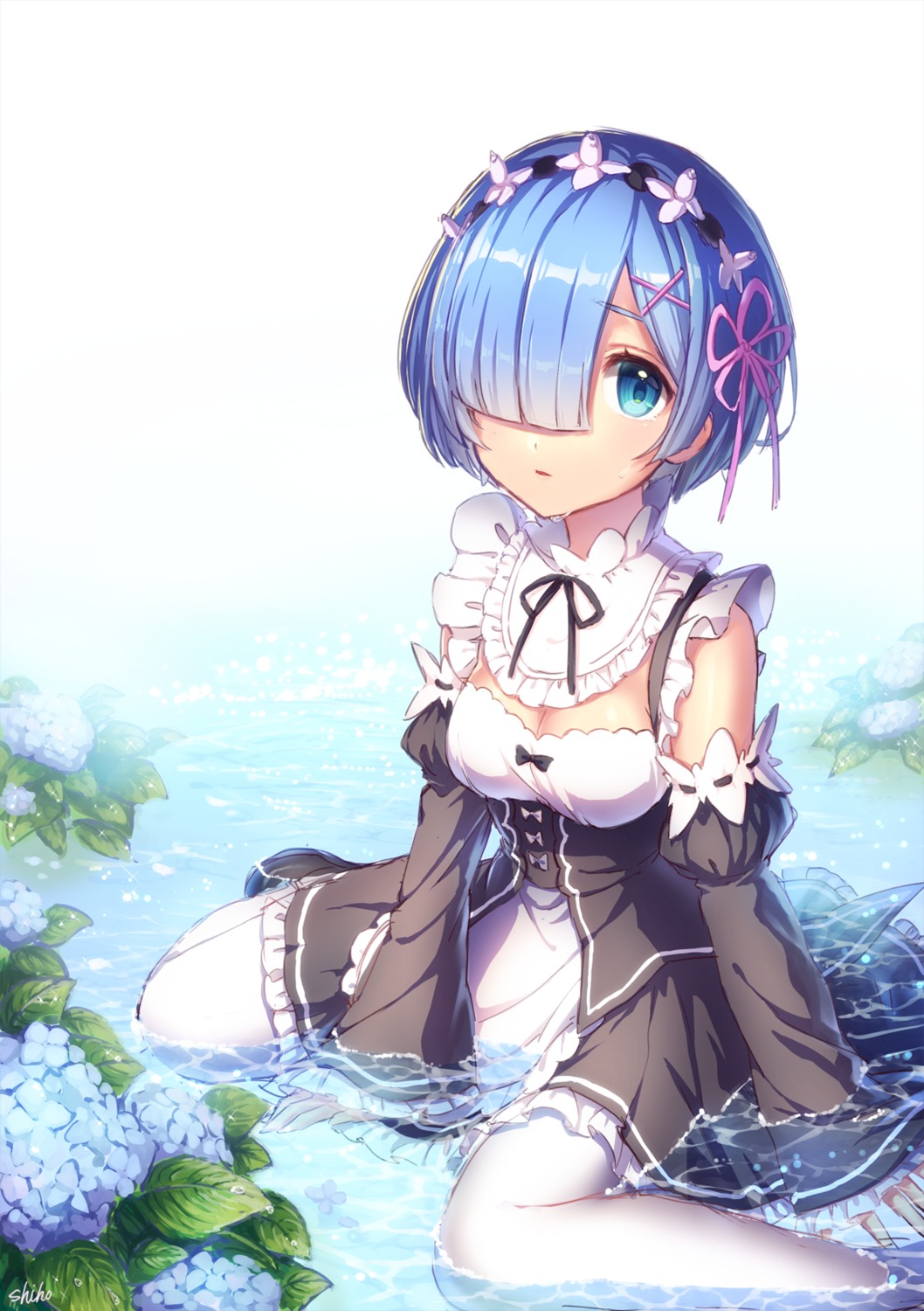 cleavage maid re_zero_kara_hajimeru_isekai_seikatsu rem_(re_zero) sakura_shiho wet