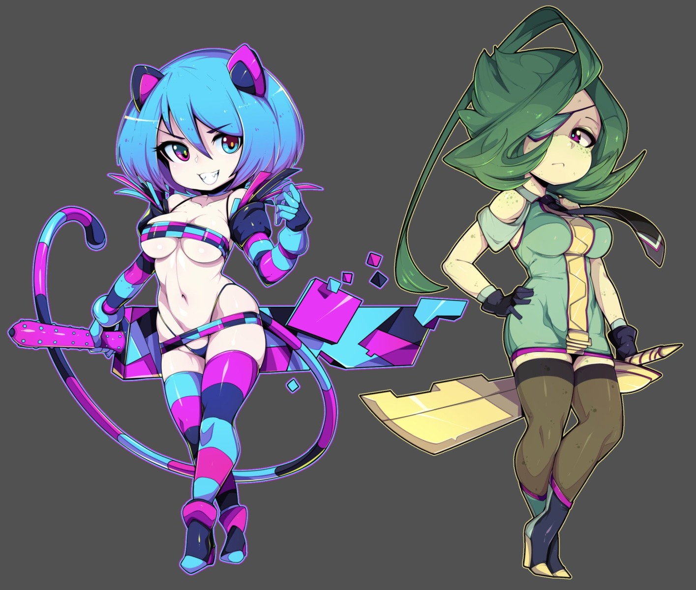 animal_ears bikini chibi dress eyepatch heterochromia nekomimi slugbox swimsuits sword tail thighhighs thong