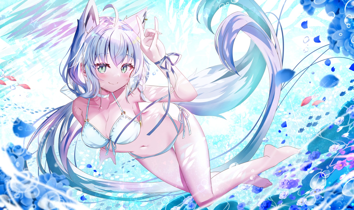 animal_ears bikini hololive hololive_gamers kitsune shirakami_fubuki sho swimsuits tail wet