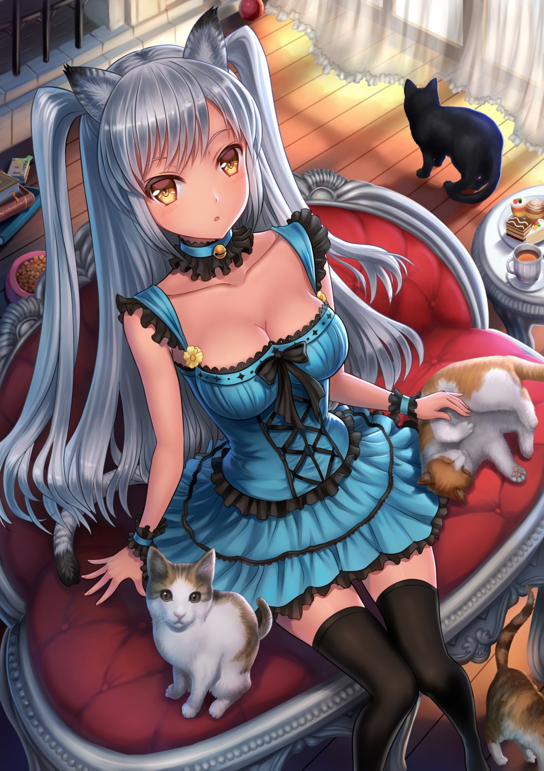 animal_ears cleavage dress neko thighhighs youbou