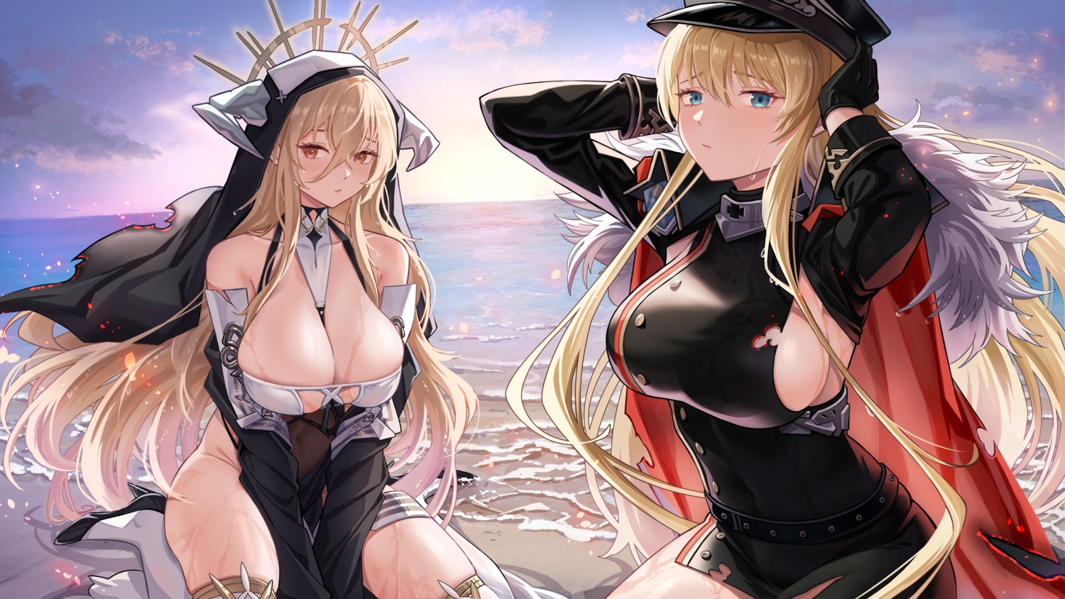 azur_lane bismarck_(azur_lane) heels horns implacable_(azur_lane) no_bra nuebunny nun thighhighs torn_clothes uniform wet