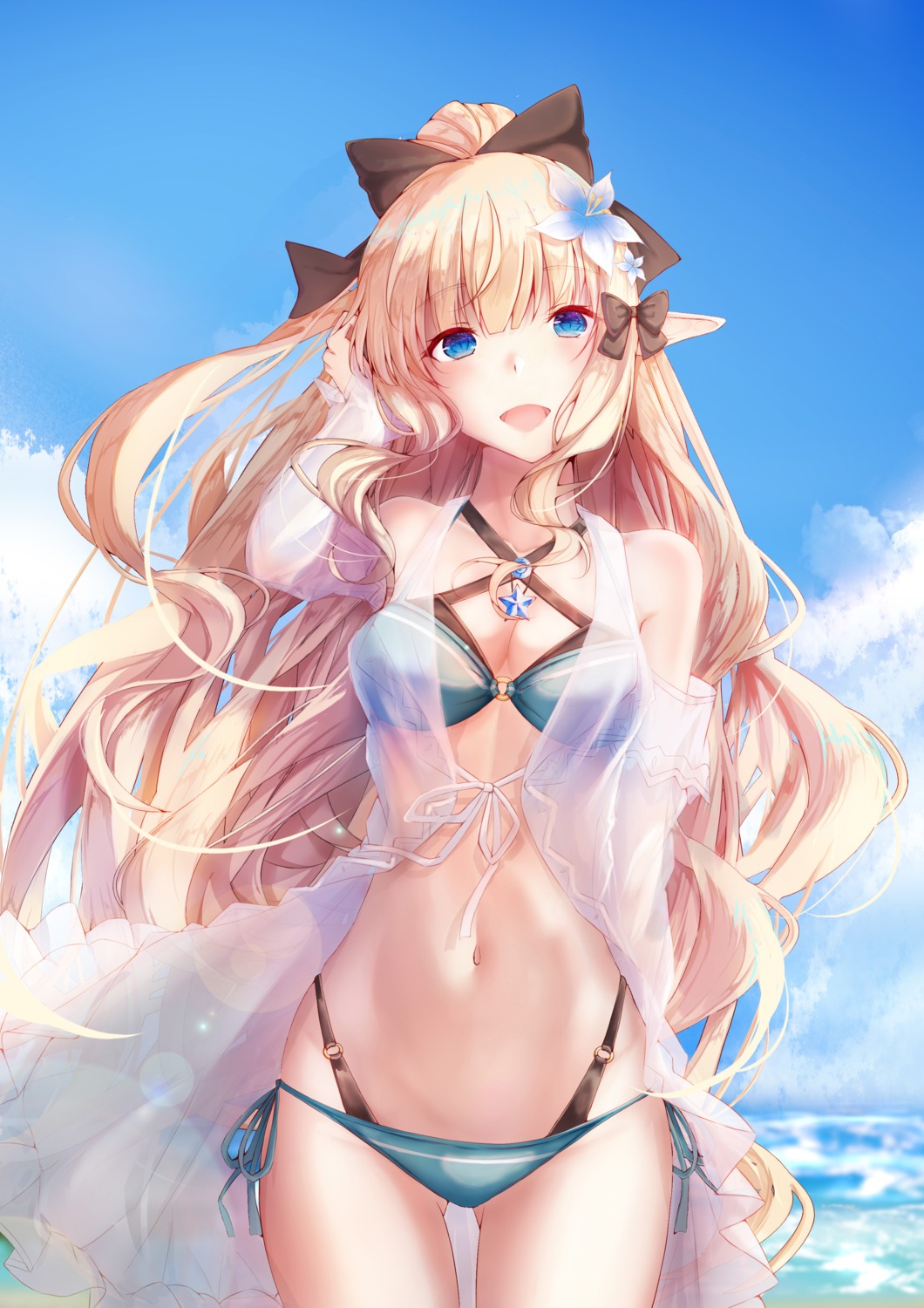 bikini cleavage open_shirt pointy_ears princess_connect princess_connect!_re:dive re:rin sasaki_saren see_through swimsuits