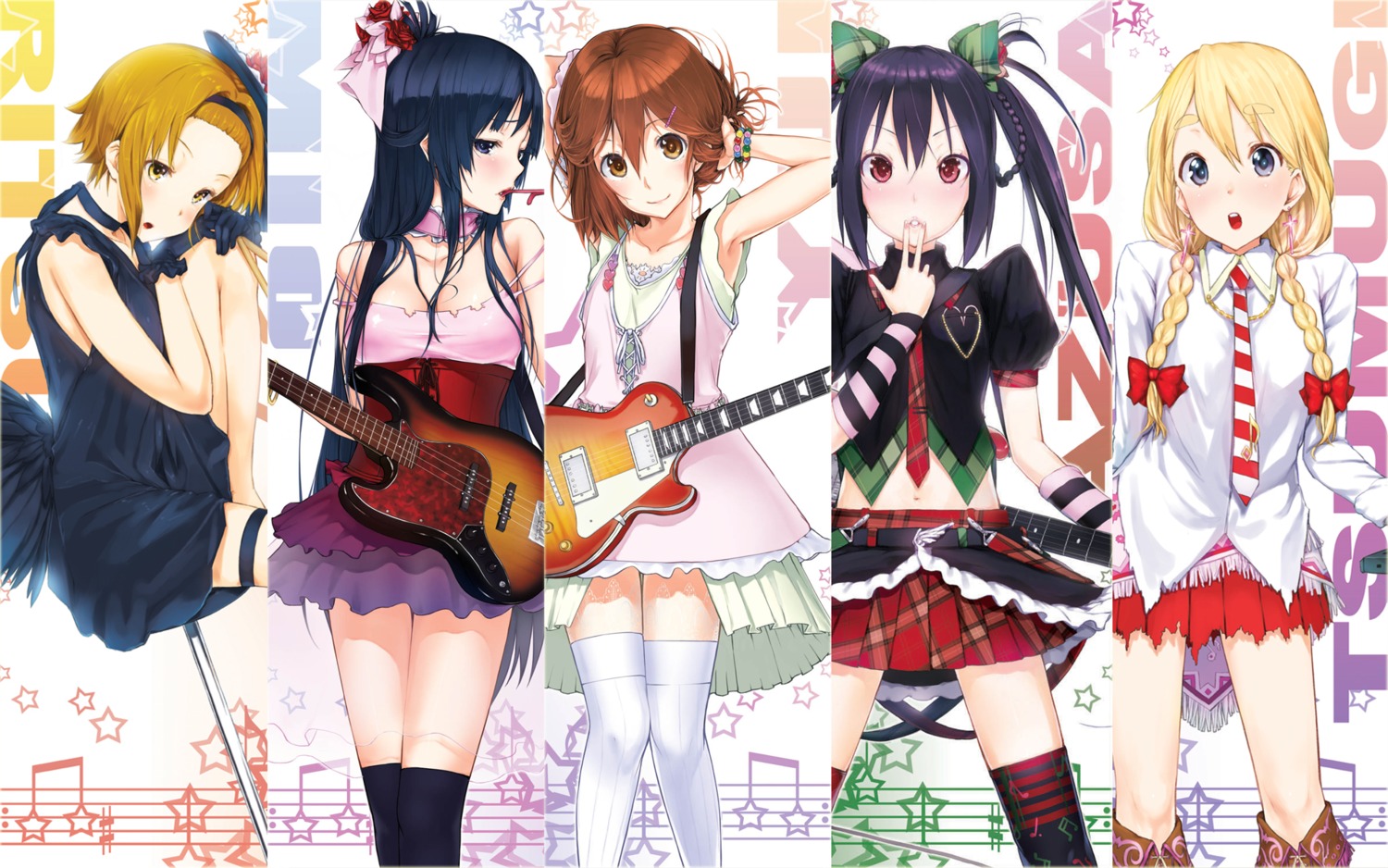 akiyama_mio guitar hirasawa_yui k-on! ken-1 kotobuki_tsumugi nakano_azusa tainaka_ritsu thighhighs wallpaper