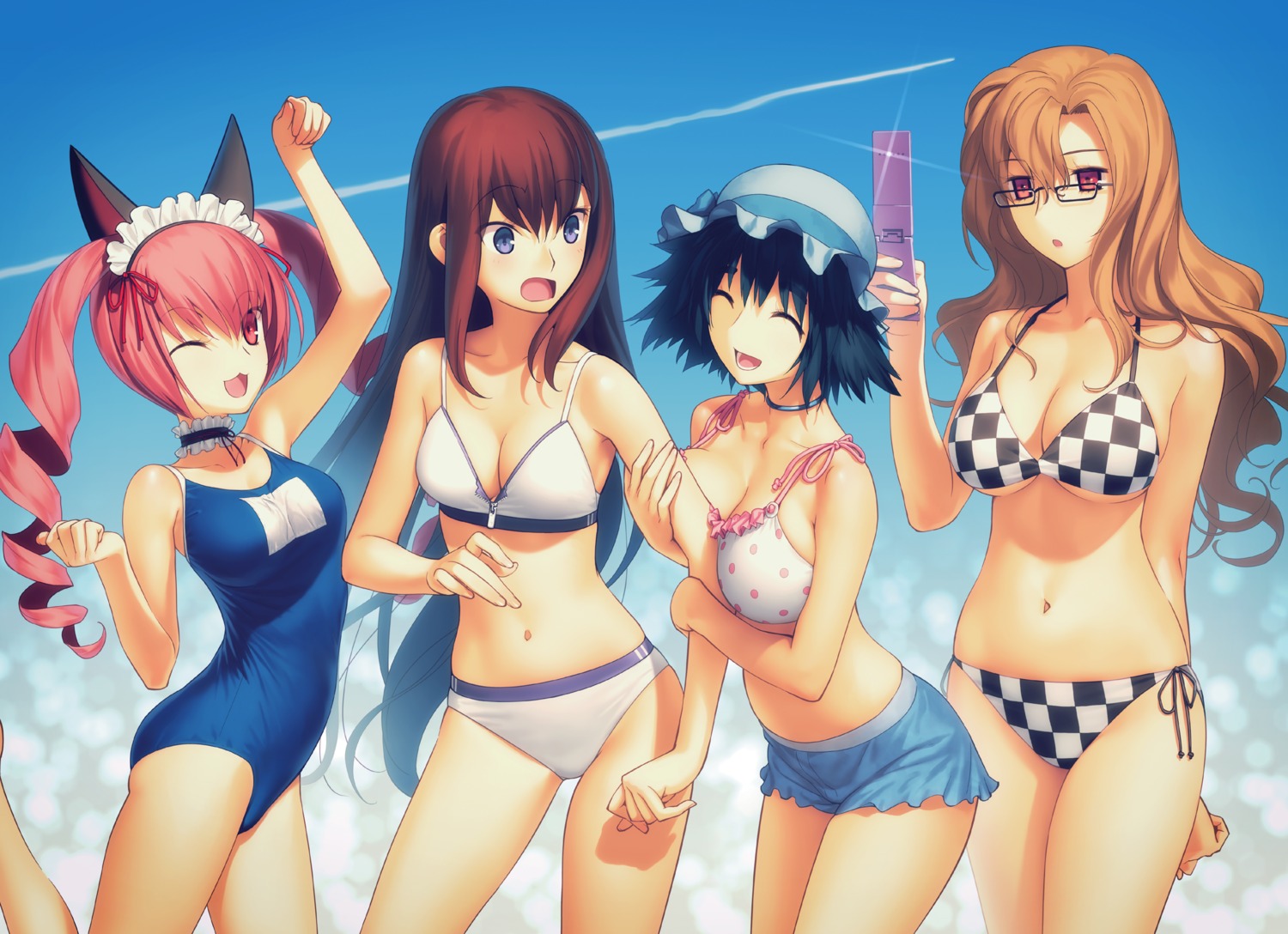 bikini cleavage faris_nyanyan kiryu_moeka koyama_hirokazu makise_kurisu school_swimsuit shiina_mayuri steins;gate swimsuits