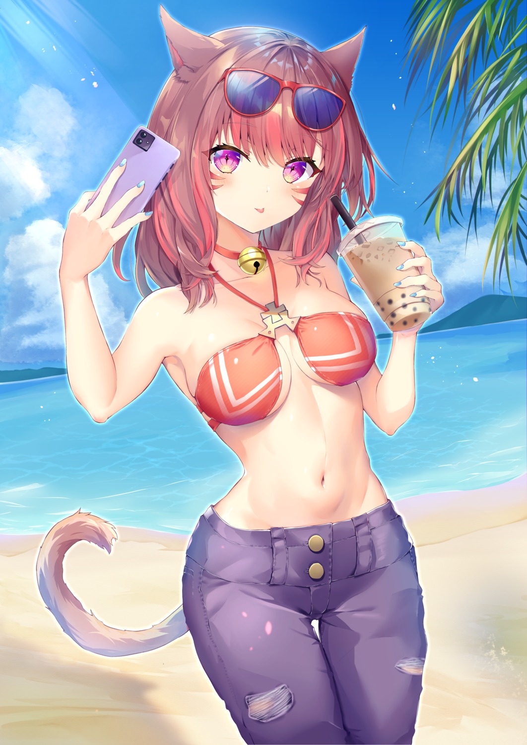 animal_ears bikini_top chess11 final_fantasy final_fantasy_xiv megane miqo'te swimsuits tail torn_clothes