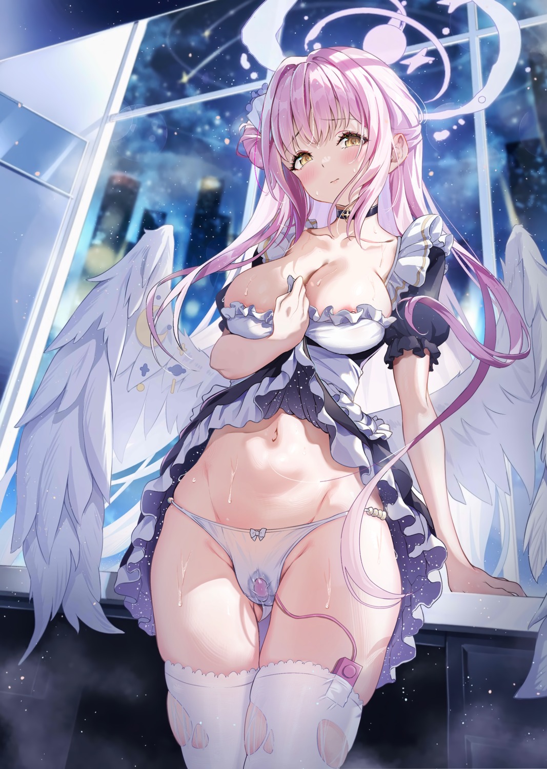 angel blue_archive breast_hold maid misono_mika nipple_slip no_bra pantsu pussy_juice skirt_lift thighhighs torn_clothes vibrator wet wings yamamoto_(ymmt_is_sexy)