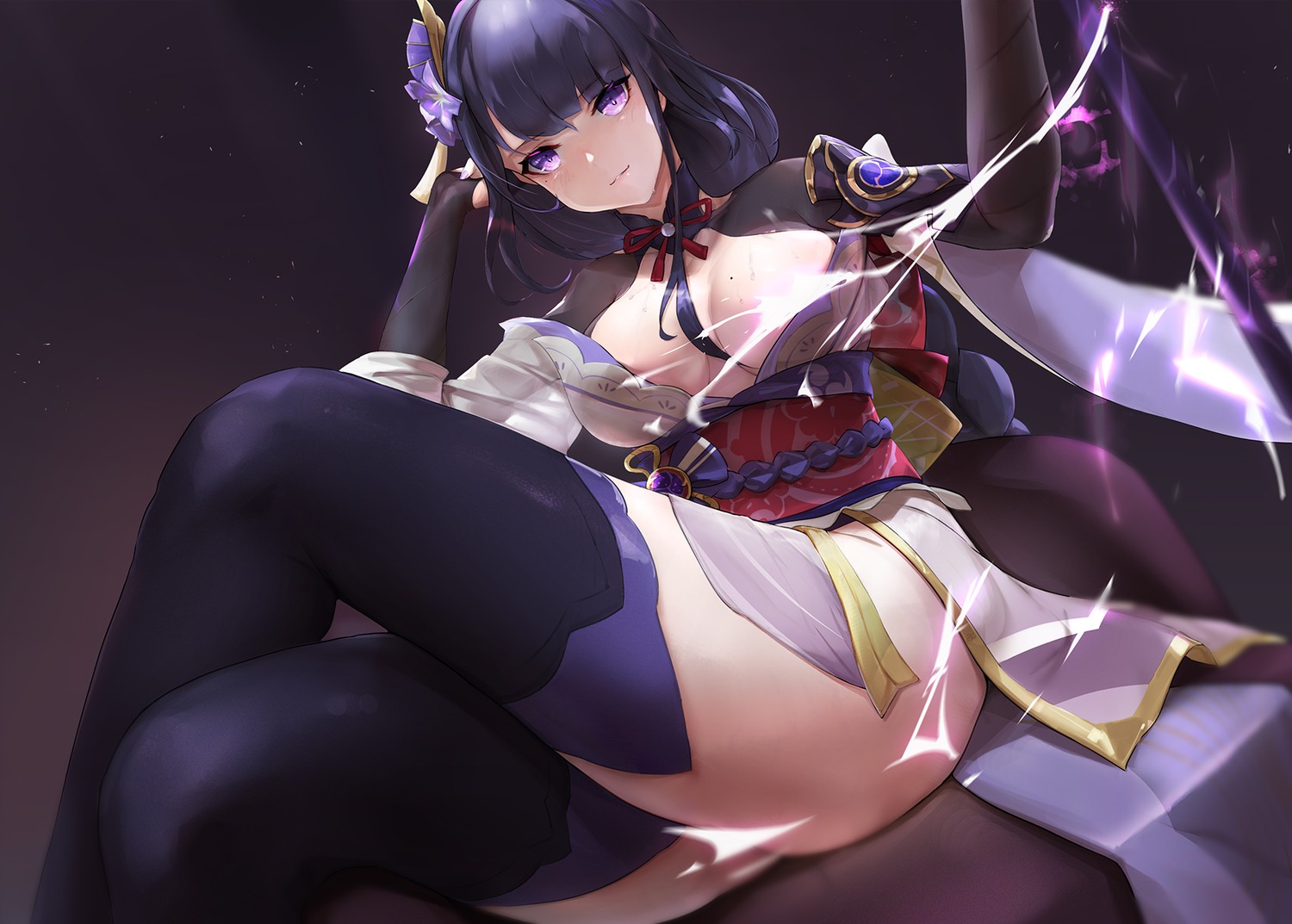 armor censored genshin_impact japanese_clothes no_bra open_shirt raiden_shogun skirt_lift thighhighs tribute_tea