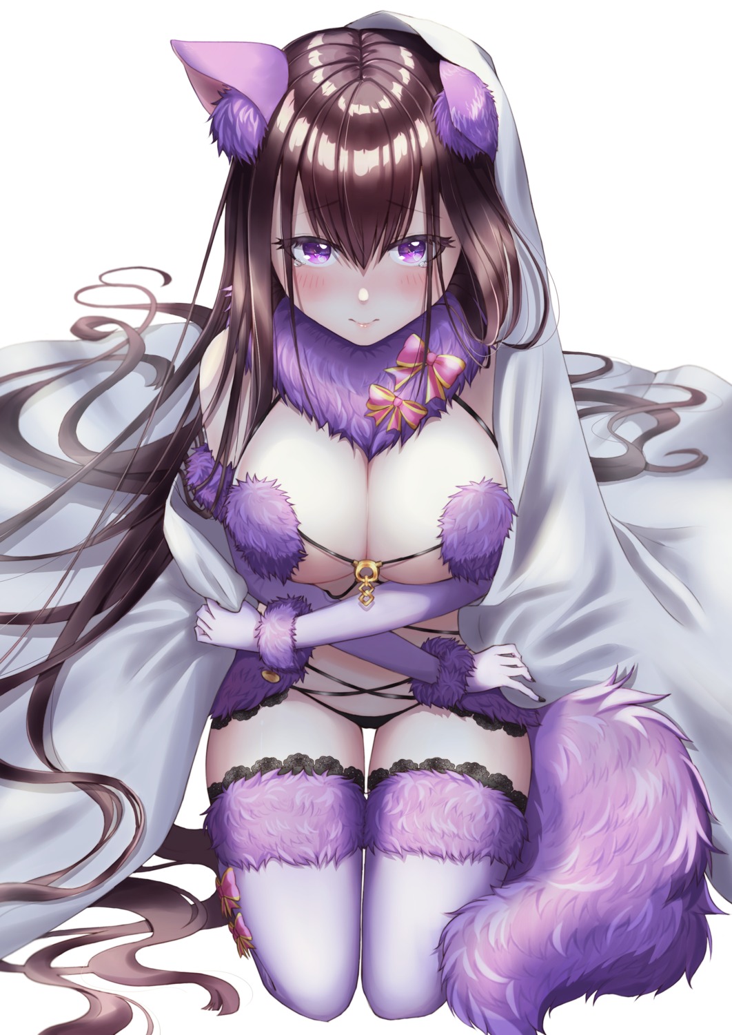 animal_ears breast_hold cosplay fate/grand_order mash_kyrielight murasaki_shikibu_(fate) no_bra pantsu tail thighhighs tobi_(pixiv41237754)