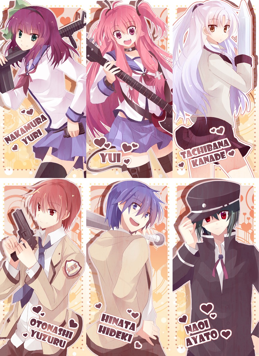 angel_beats! dandelion_(artist) guitar gun hinata_hideki nakamura_yuri naoi_ayato otonashi_yuzuru seifuku tachibana_kanade thighhighs yoshioka_yui