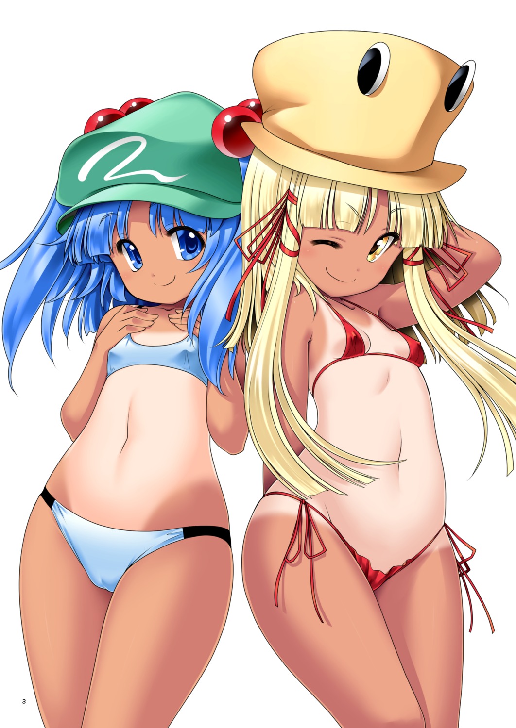 bikini cameltoe erect_nipples kawashiro_nitori loli moriya_suwako swimsuits tan_lines tomoki_tomonori touhou