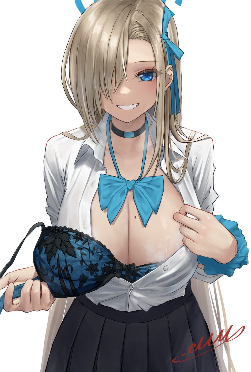 blue_archive bra halo ichinose_asuna m.m_(mmitsu_93) open_shirt seifuku undressing