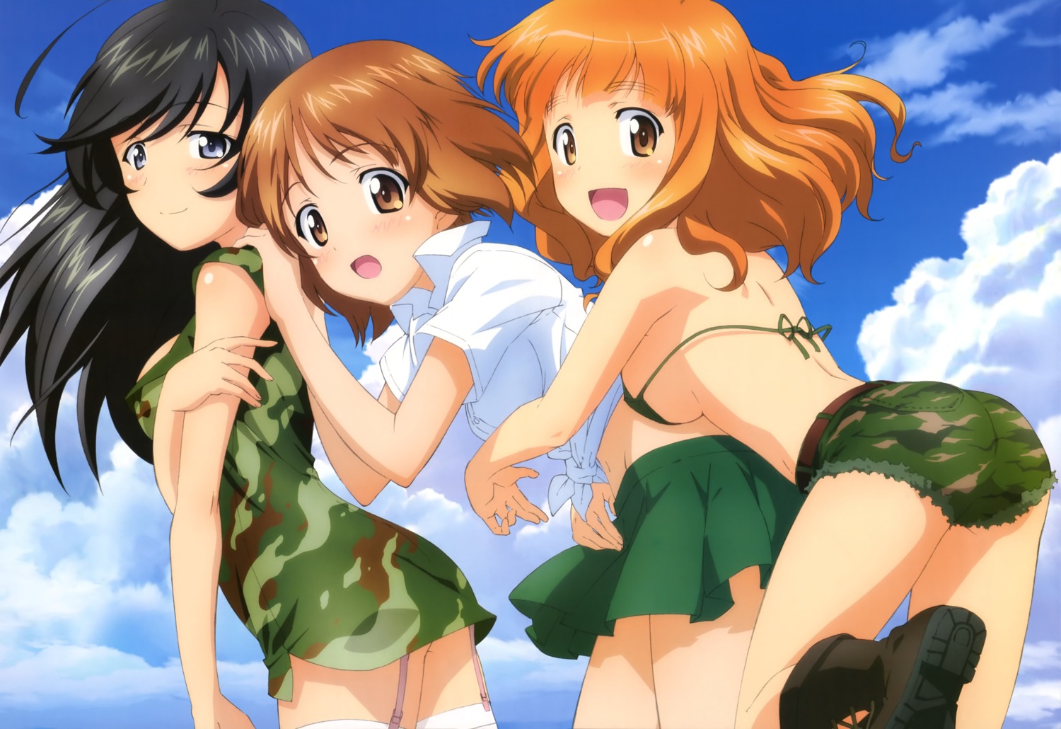 bikini_top girls_und_panzer isuzu_hana nishizumi_miho stockings swimsuits takebe_saori thighhighs yoshida_nobuyoshi