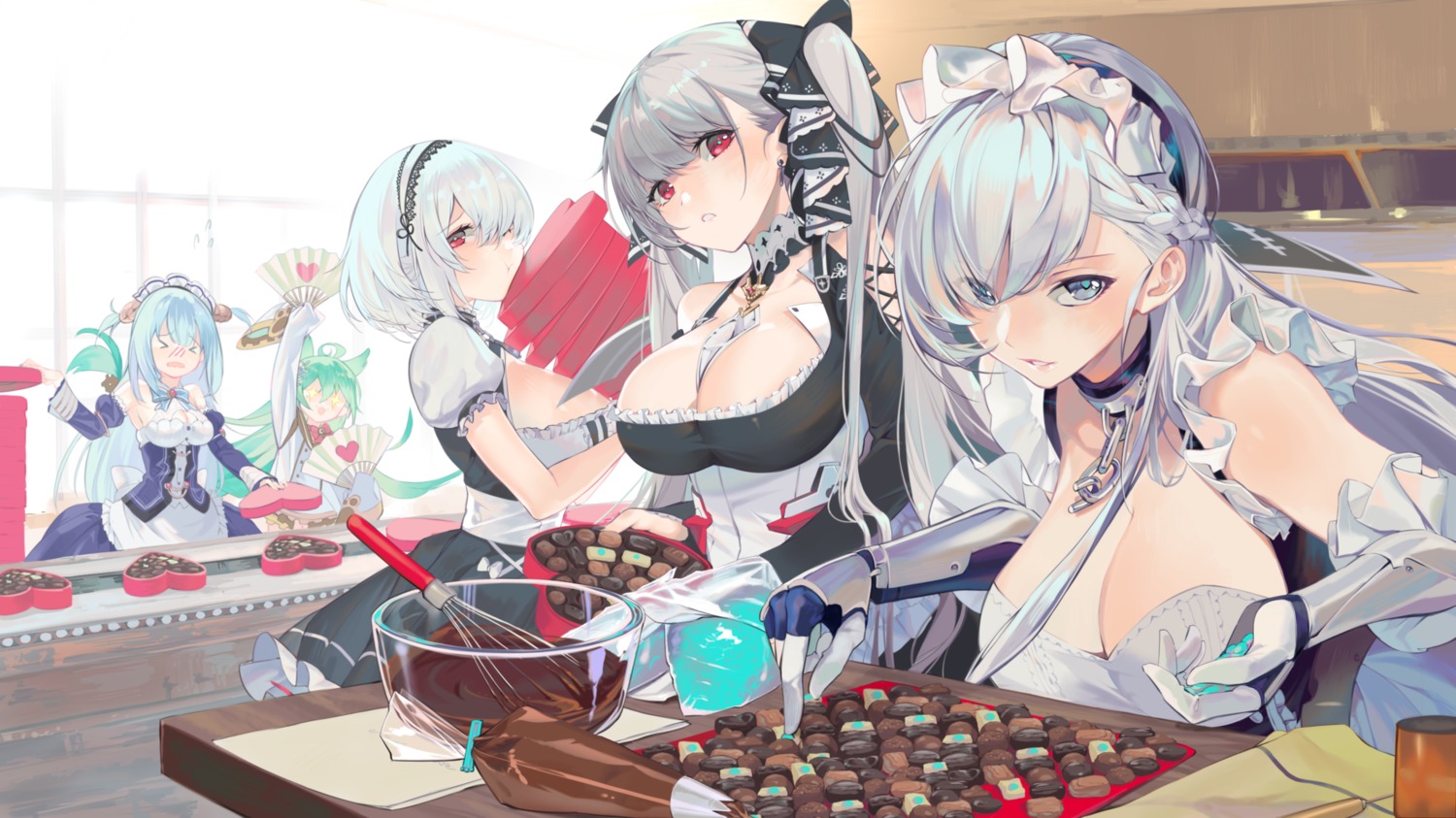 akashi_(azur_lane) angyefdez animal_ears armor azur_lane belfast_(azur_lane) cleavage formidable_(azur_lane) maid nekomimi neptune_(azur_lane) no_bra sirius_(azur_lane) valentine