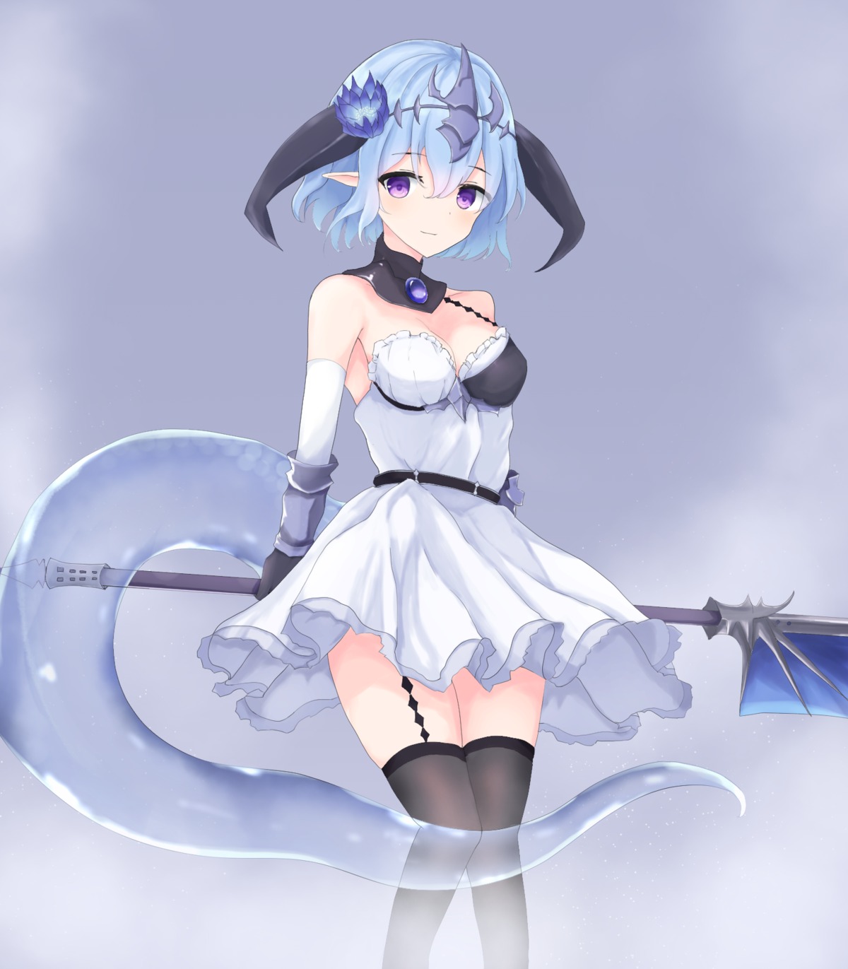 cleavage dress horns mizu_(lzzrwi603) pointy_ears shadowverse stockings tail thighhighs weapon whitefrost_dragonewt_filene