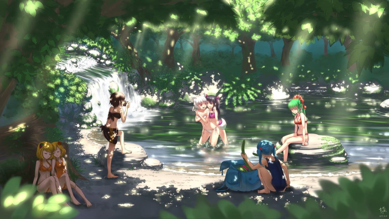 aki_minoriko aki_shizuha animal_ears ao_mei_douji bikini cleavage himekaidou_hatate inubashiri_momiji kagiyama_hina kawashiro_nitori school_swimsuit shameimaru_aya swimsuits tail touhou wardrobe_malfunction wet yuri