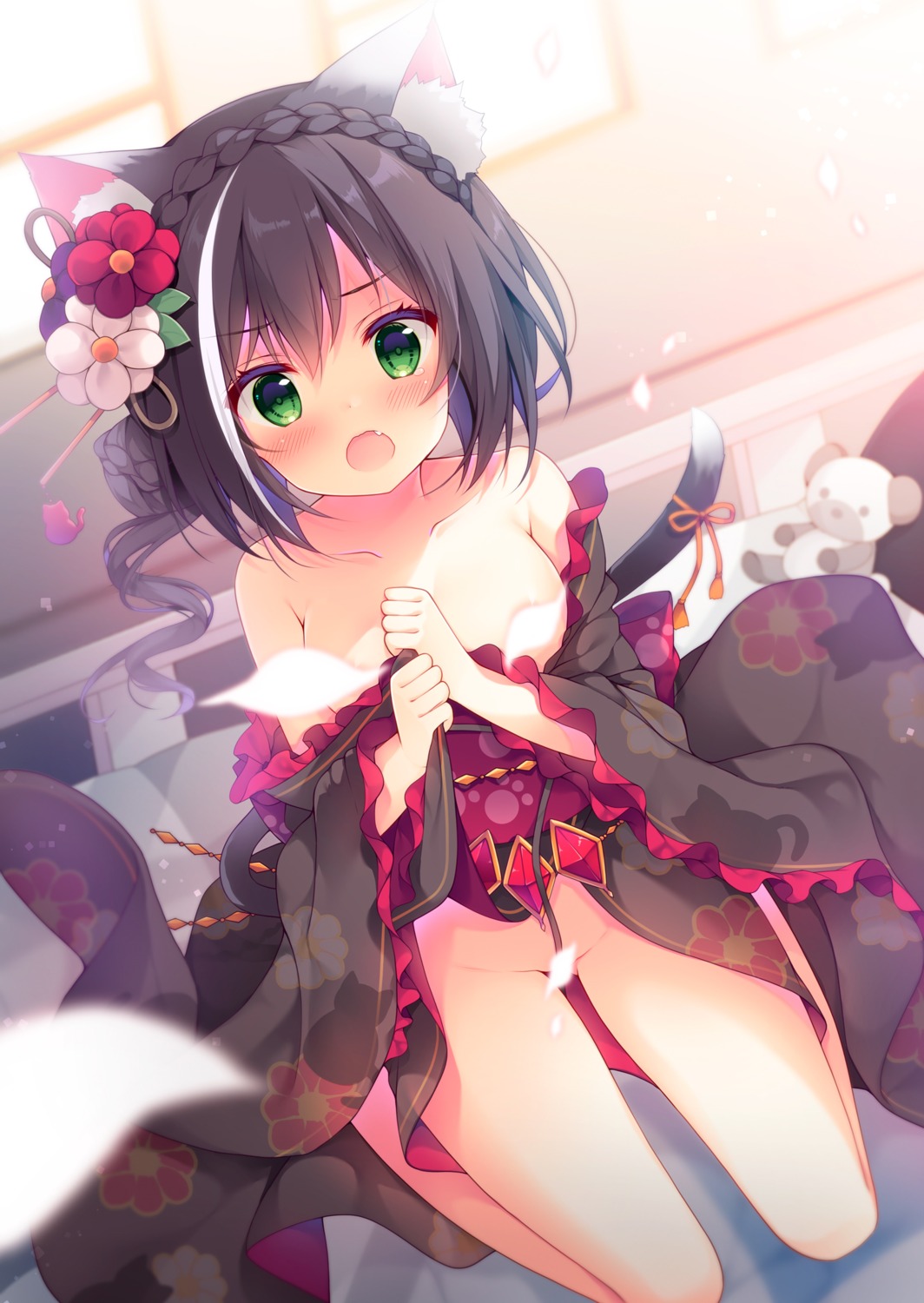 animal_ears breasts censored izumi_yuhina karyl_(princess_connect) kimono nekomimi no_bra nopan open_shirt princess_connect! princess_connect!_re:dive skirt_lift tail