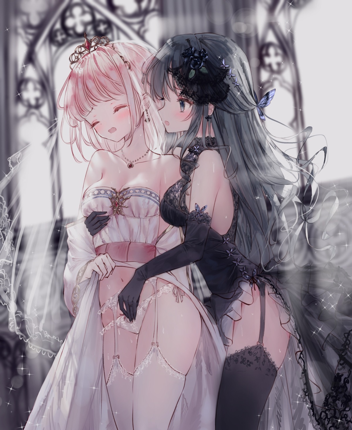 breast_grab dress garter_belt pantsu skirt_lift stockings string_panties tandohark thighhighs yuri