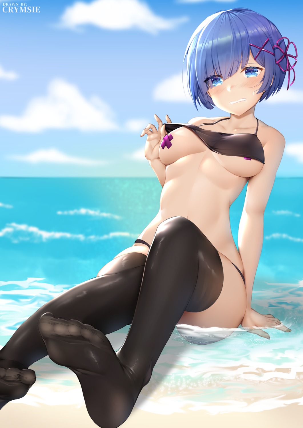 bikini breasts crymsie feet pasties re_zero_kara_hajimeru_isekai_seikatsu rem_(re_zero) swimsuits thighhighs undressing wet