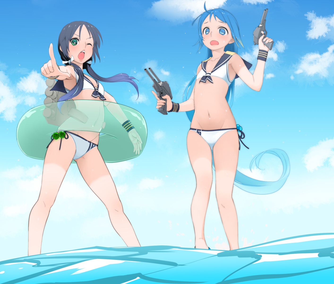 bikini gun kantai_collection samidare_(kancolle) sdmaiden suzukaze_(kancolle) swimsuits wet