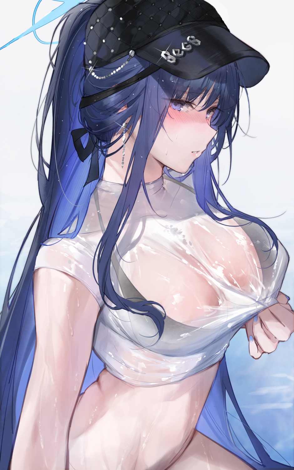 bikini_top blue_archive bottomless erect_nipples halo joumae_saori qiandaiyiyu see_through swimsuits wet wet_clothes