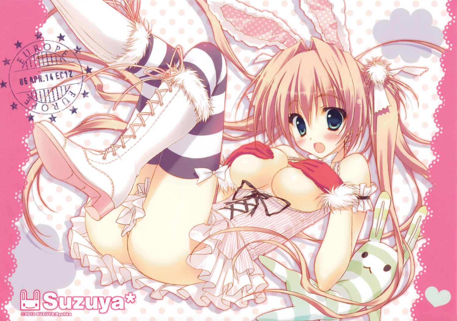 animal_ears breast_hold bunny_ears no_bra nopan ryohka suzuya thighhighs