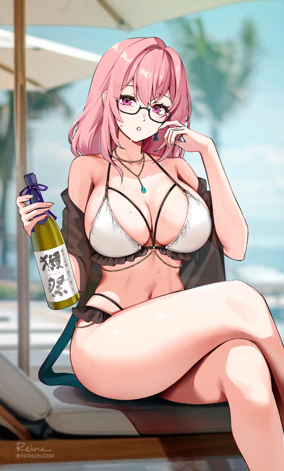 bikini foxy_rain megane sake see_through swimsuits tsukishiro_yanagi wet zenless_zone_zero