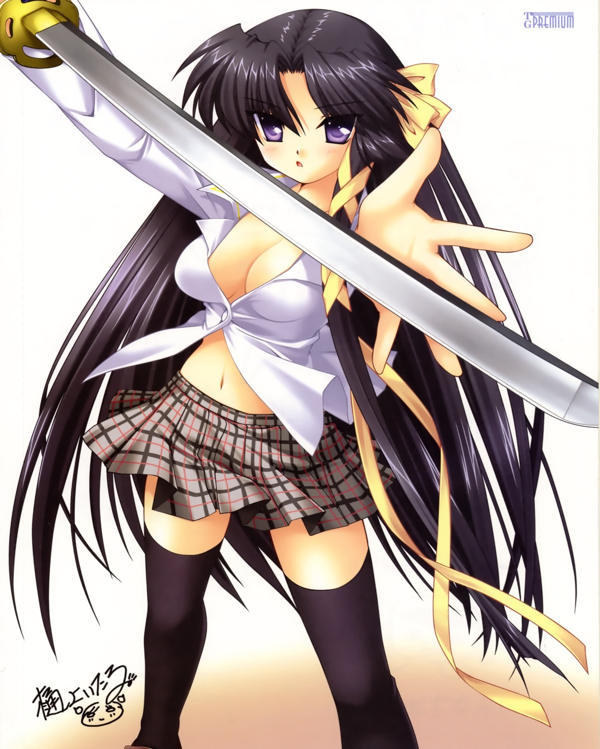 cleavage hinoue_itaru key kurugaya_yuiko little_busters! seifuku sword thighhighs