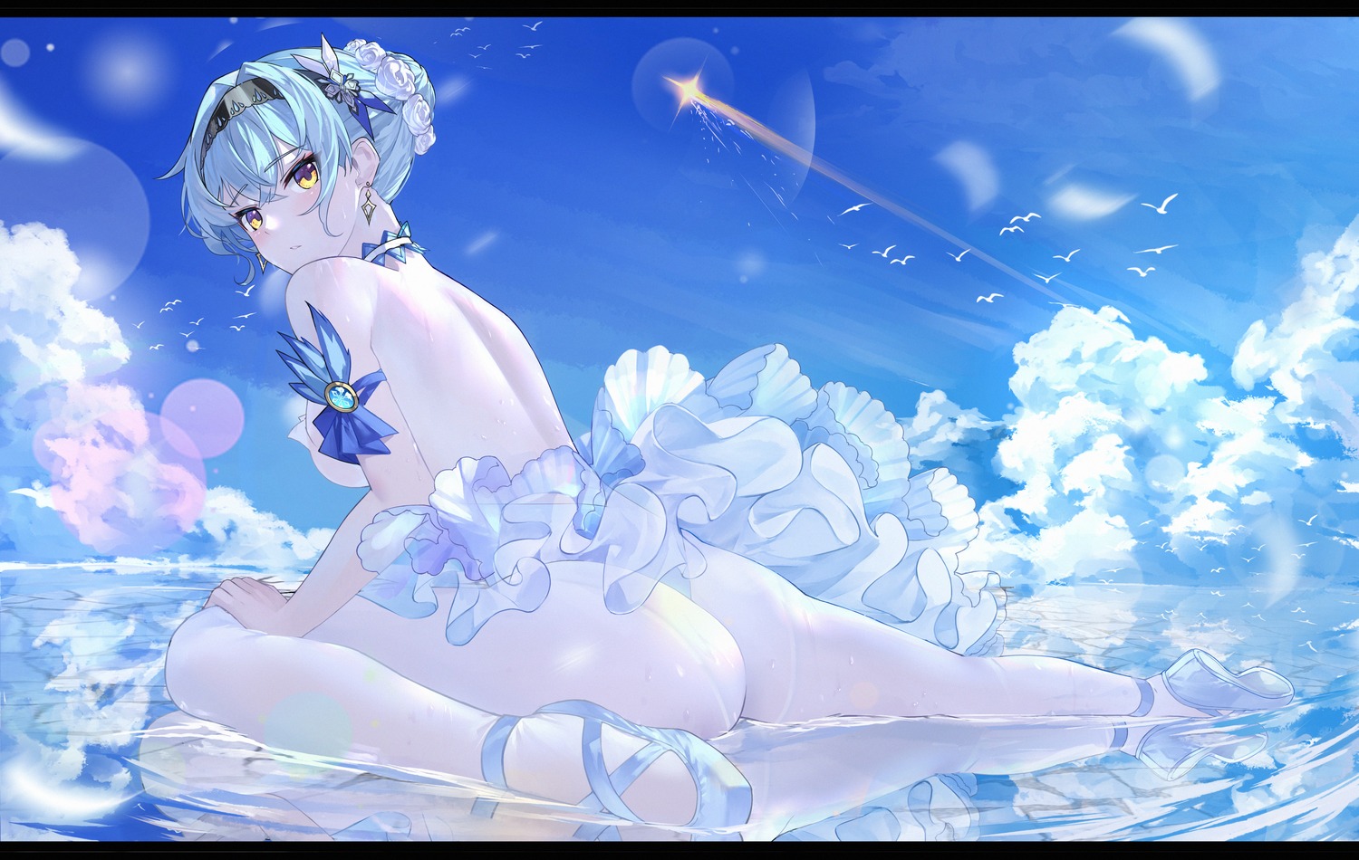 ass dress eula geez genshin_impact pantsu pantyhose see_through skirt_lift thong wet