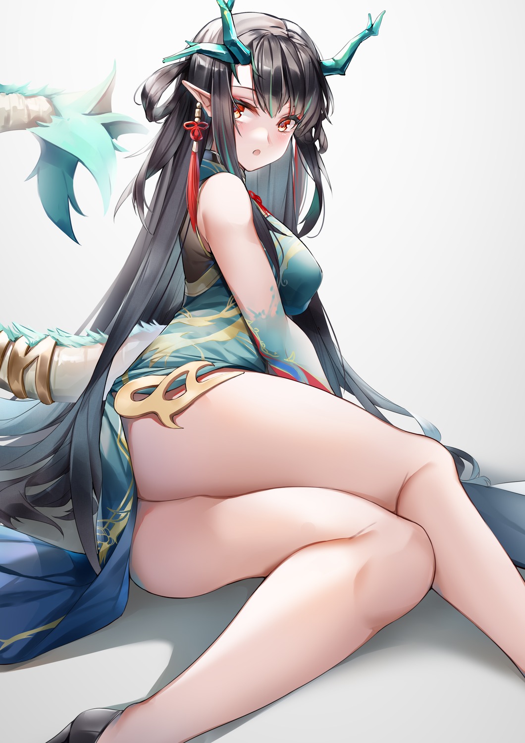 arknights ass chinadress dusk_(arknights) heels horns lubikaya1 nopan pointy_ears skirt_lift tail