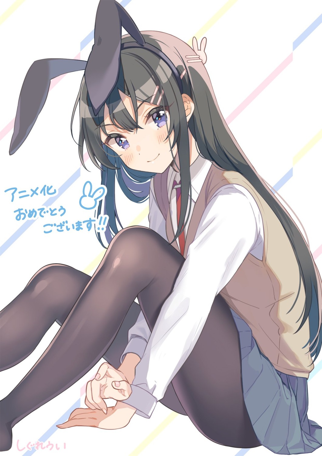 animal_ears bunny_ears pantyhose sakurajima_mai seifuku seishun_buta_yarou shigure_ui skirt_lift sweater