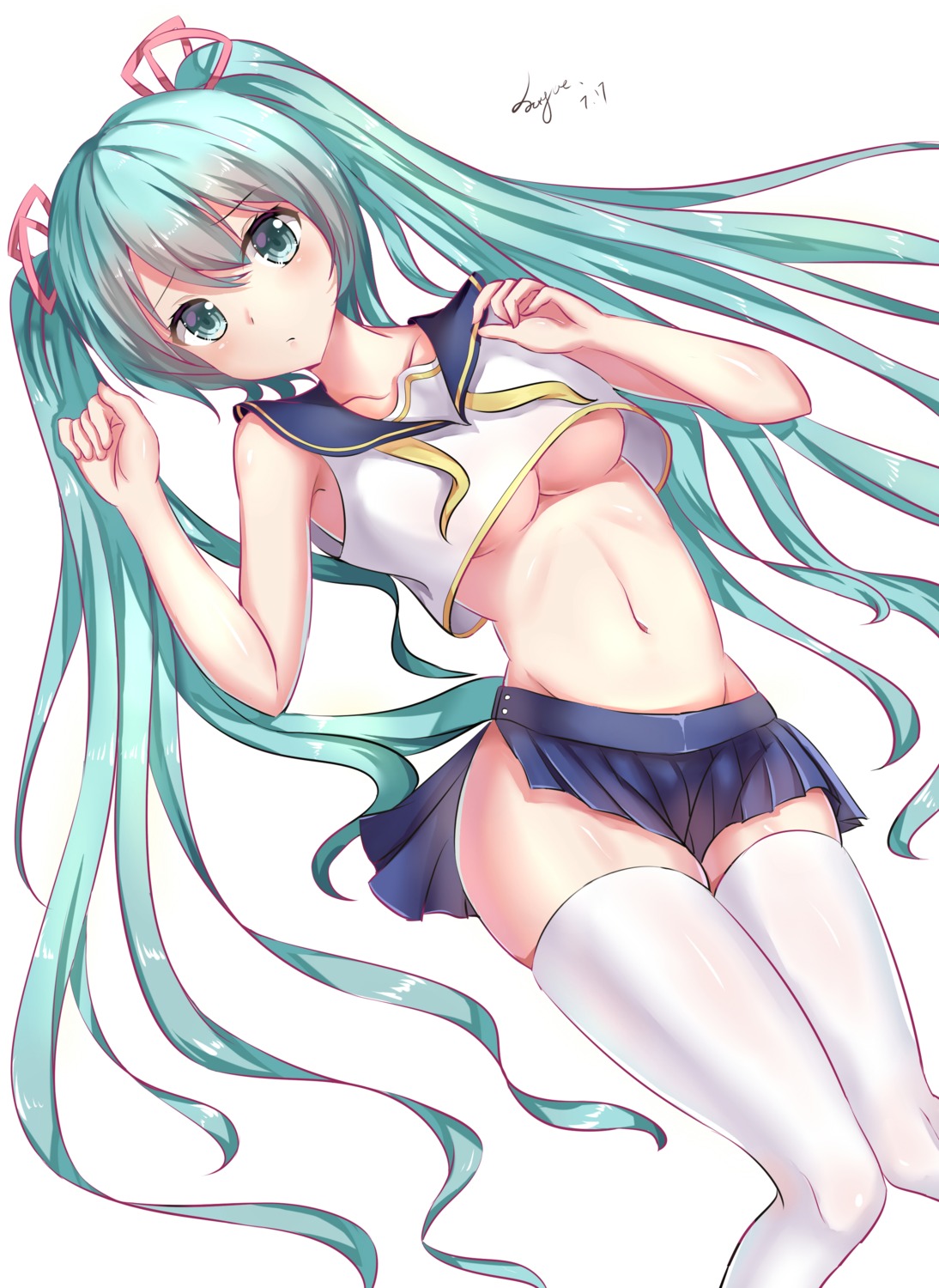 hatsune_miku jayce_(shinmai) no_bra seifuku thighhighs underboob vocaloid