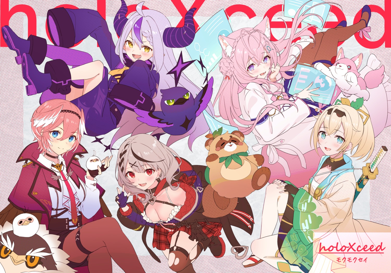 akamoku animal_ears cleavage crow_(la+_darknesss) garter hakui_koyori hololive horns japanese_clothes kazama_iroha la+_darknesss no_bra pantyhose pointy_ears sakamata_chloe sarashi skirt_lift stockings sword tail takane_lui thighhighs torn_clothes