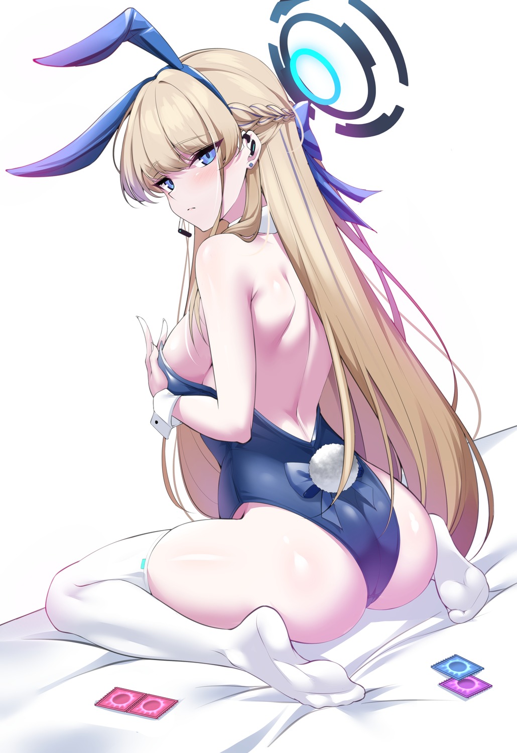 animal_ears ass asuma_toki blue_archive breast_hold bunny_ears bunny_girl elze_(s01047480836) halo no_bra tail thighhighs