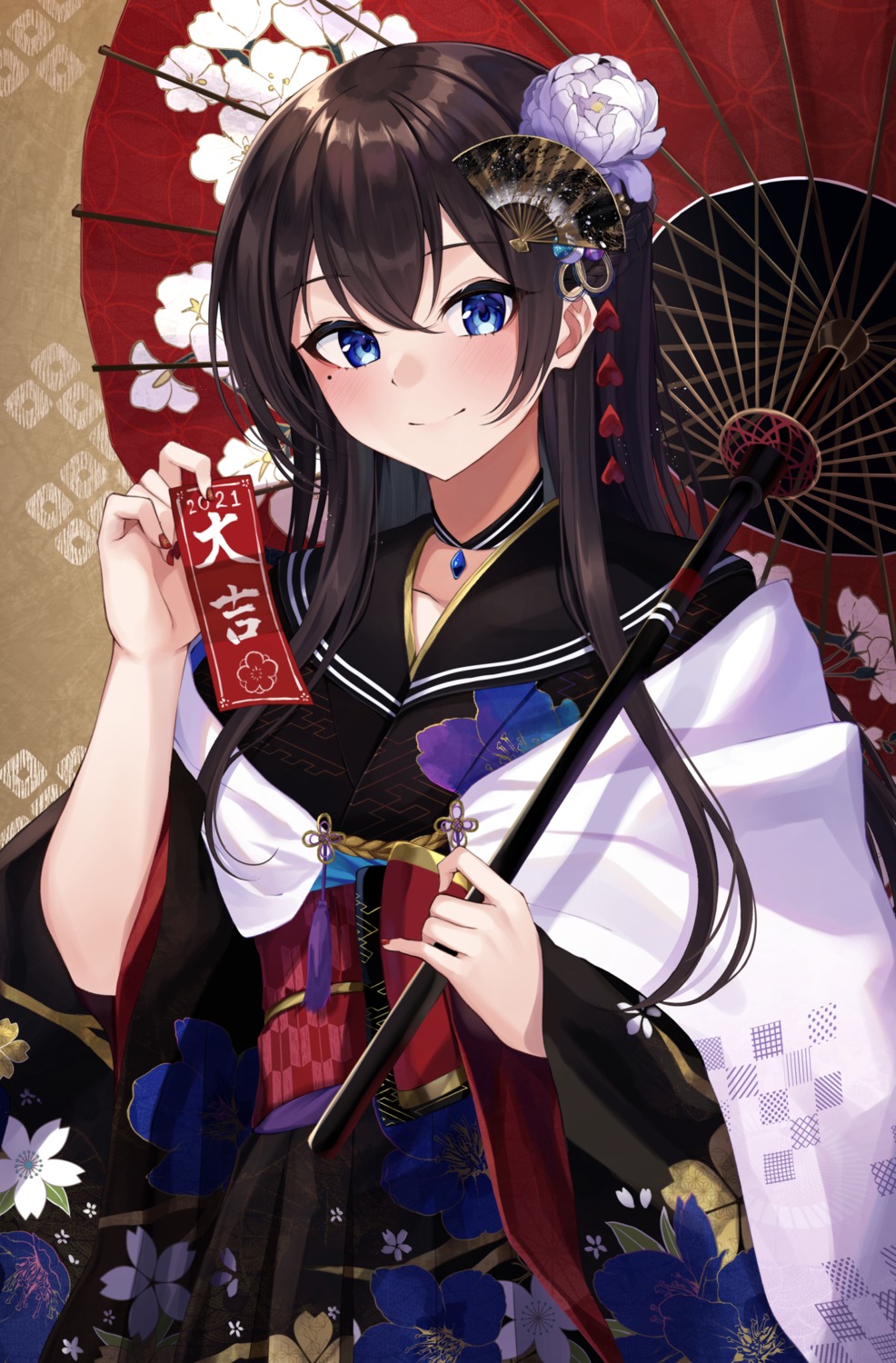 kimono kurousagi_yuu umbrella
