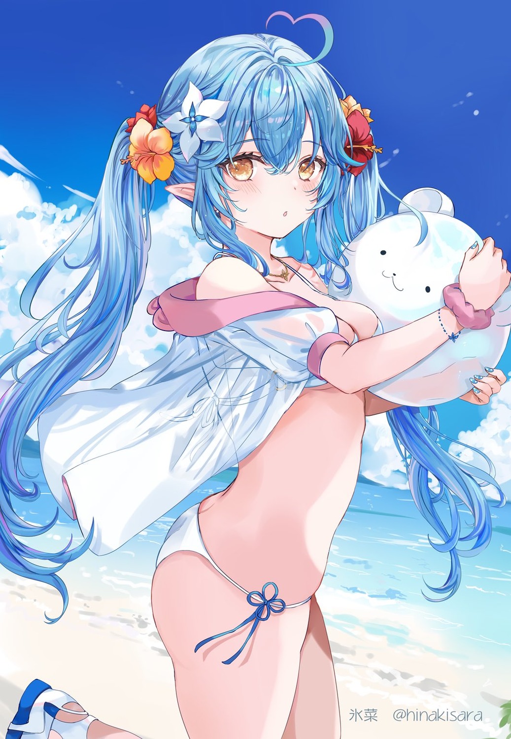 bikini elf hinahino hololive open_shirt pointy_ears see_through swimsuits yukihana_lamy