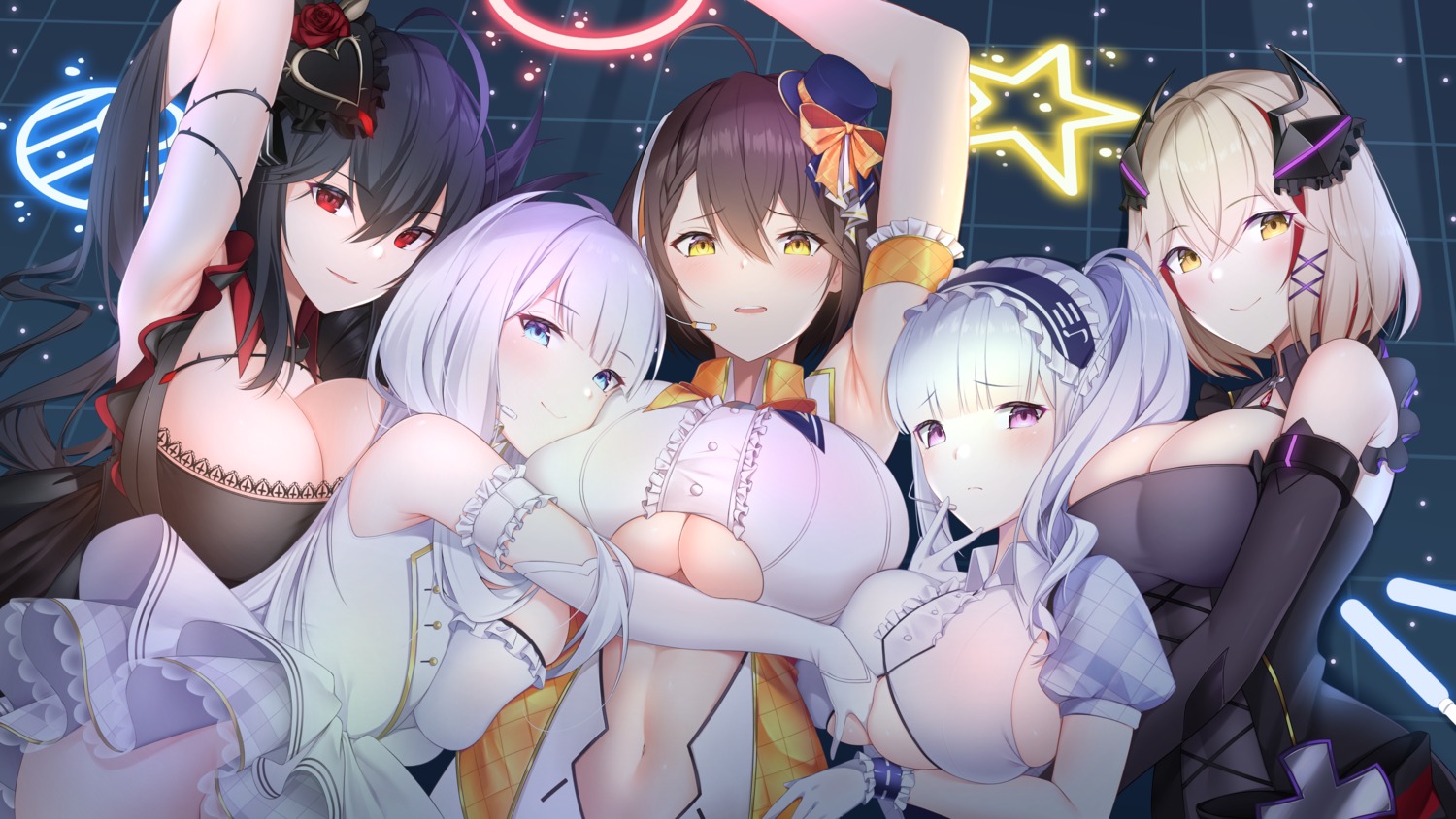 azur_lane baltimore_(azur_lane) dido_(azur_lane) dress illustrious_(azur_lane) nevven no_bra roon_(azur_lane) skirt_lift taihou_(azur_lane)