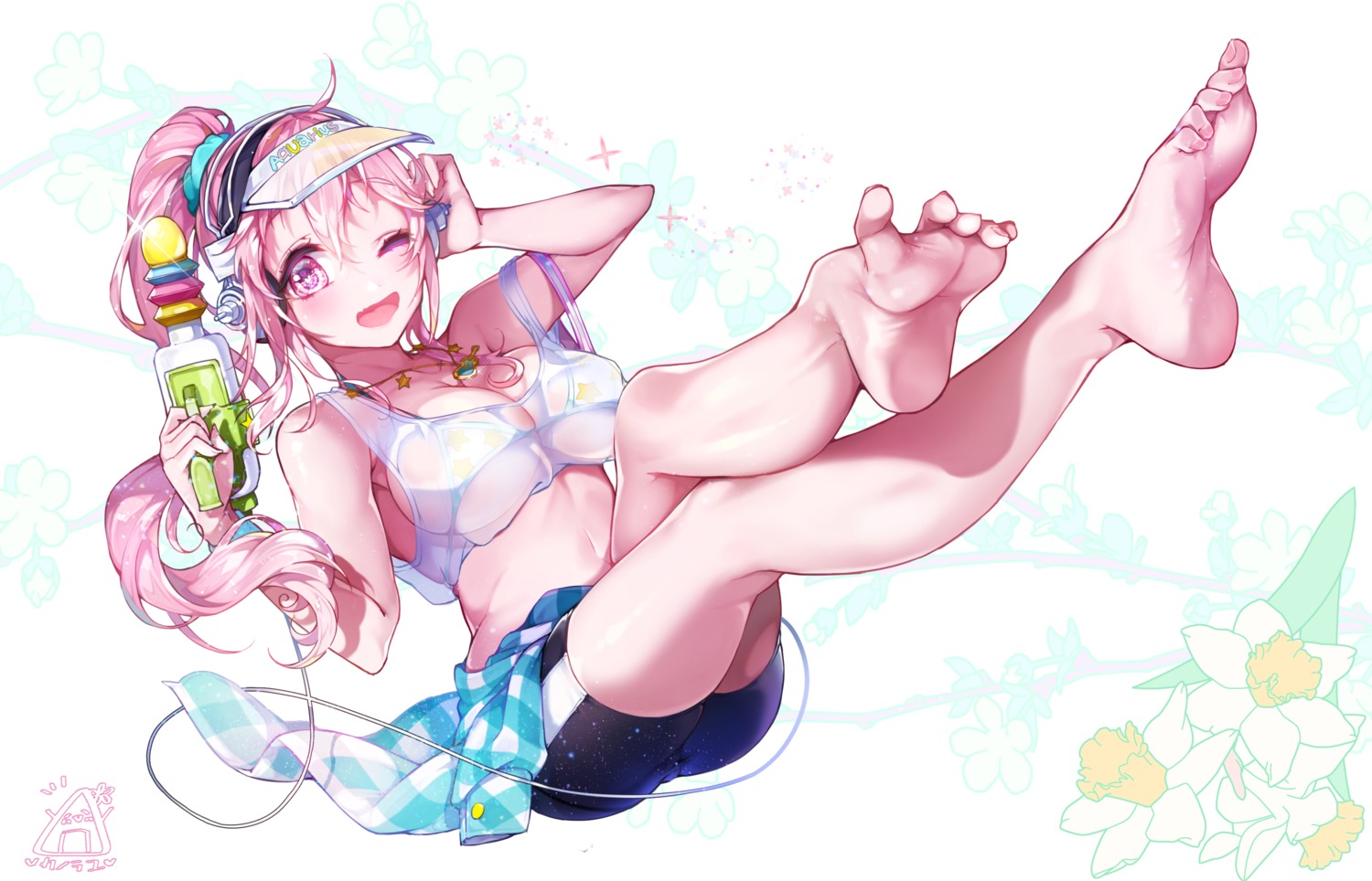 bike_shorts bikini_top cleavage feet gun headphones kanola_u see_through sonico super_sonico swimsuits