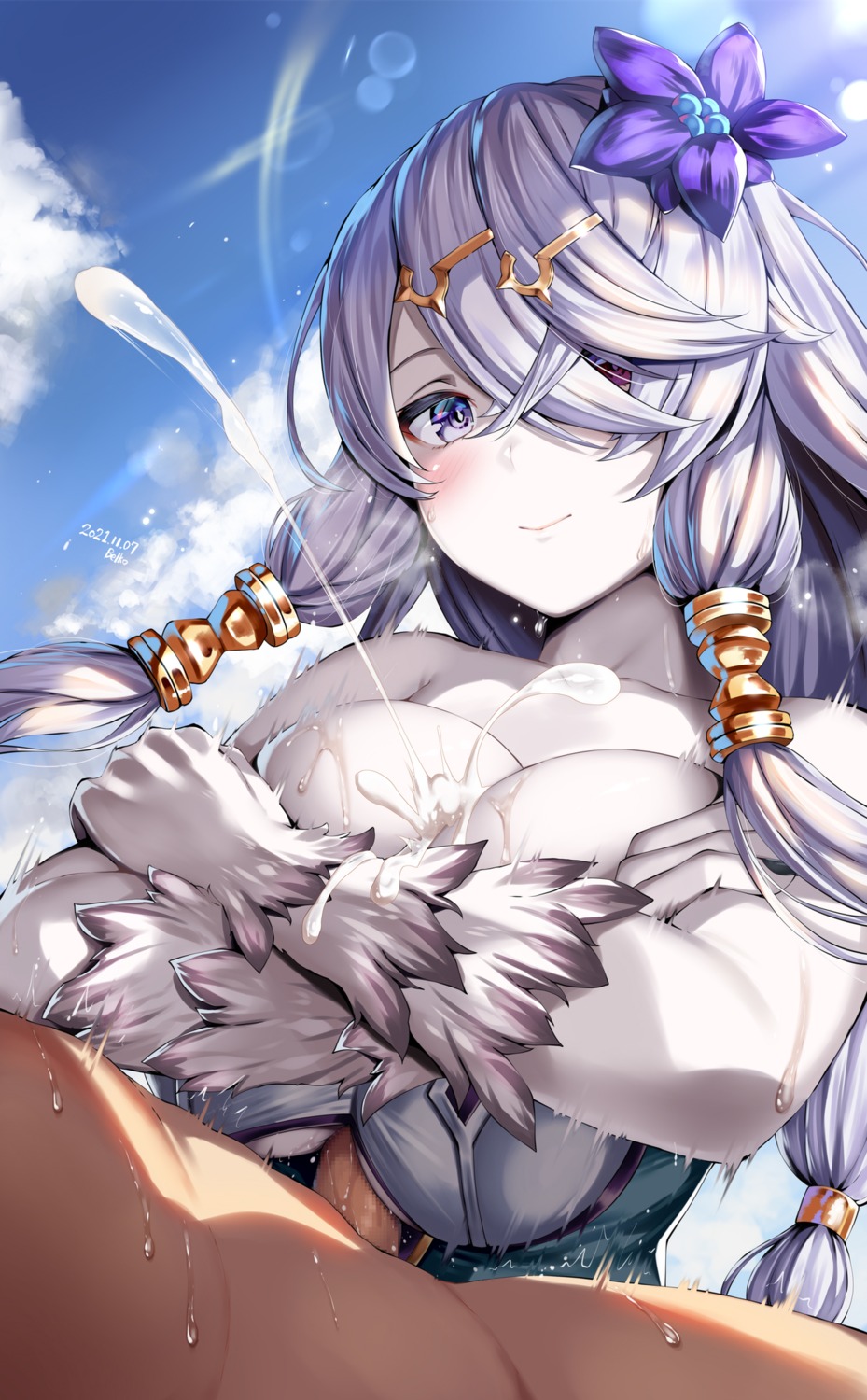 atelier atelier_ryza belko breast_hold breasts censored cum heterochromia lila_decyrus no_bra paizuri penis